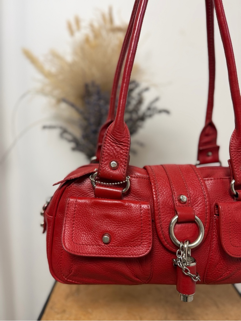 CNKW Genuine Leather Red Shoulder Bag Y2K Satchel Purse Multi Pocket